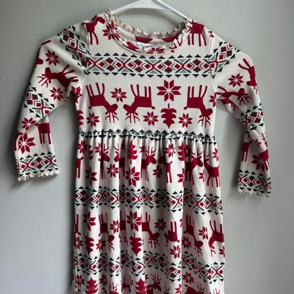 Hanna Andersson Christmas dress with red reindeer and snowflake pattern
